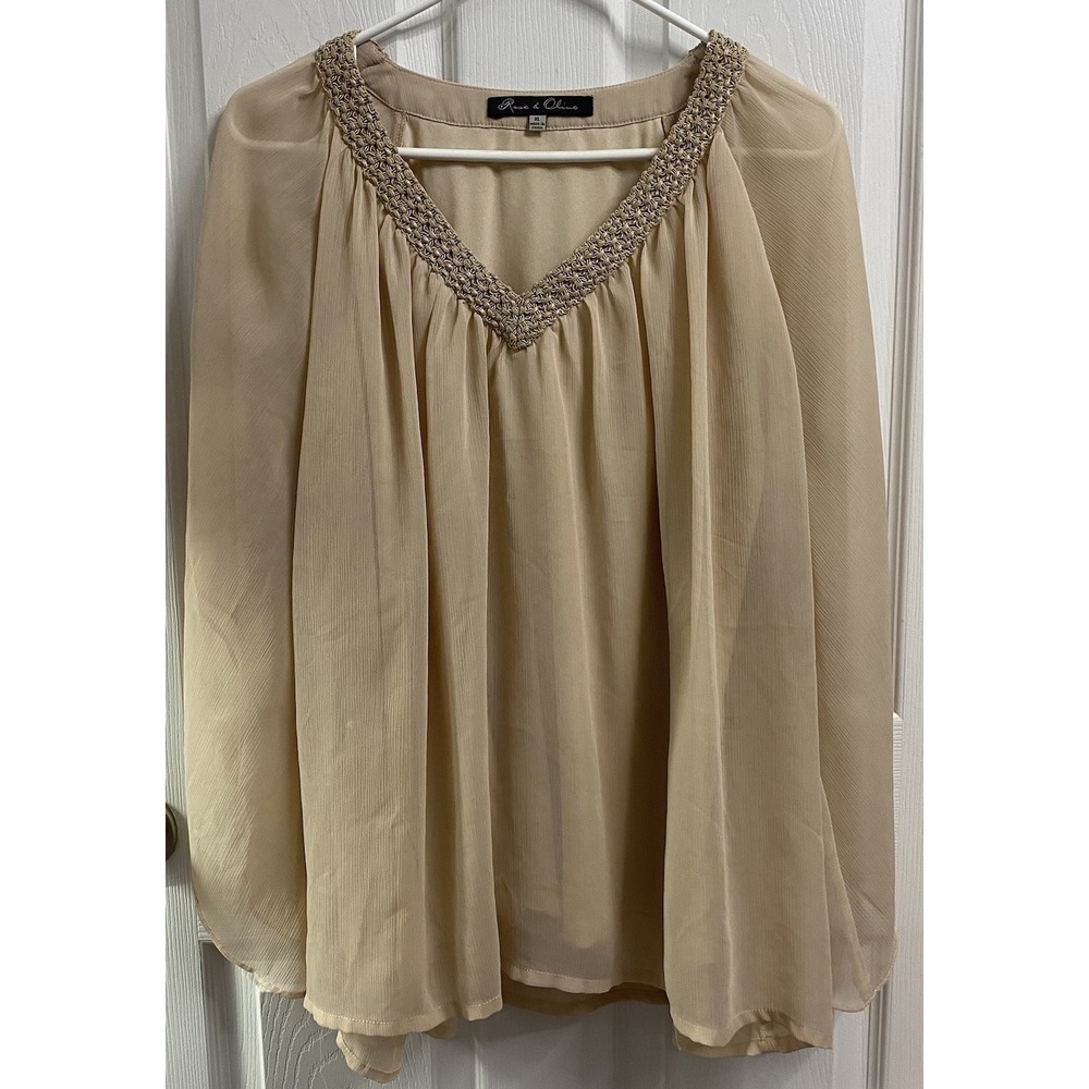 Rose+Olive Womens Sheer Beige Lined Tunic Flowy Blouse Long Sleeve V-neck Sz.XL